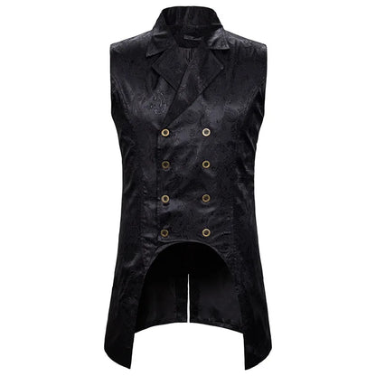 2026 Eur-Usa Fashion Elegant Jacquard Mid Length Tailcoat Vest for Men, Navy Blue Vintage Gothic Sleeveless Palace Men's Tuxedo