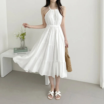 Korean Style Summer Slimming Necktie Waist Cinched Sleeveless Vest Long Dress Women's Fashionable Commute Style Inner Wear
