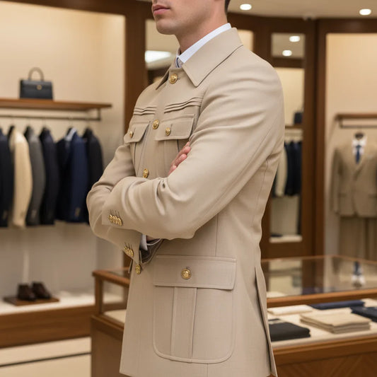 Slim Fitting Safari Men's Suit Thin Version Classic Fit Single Breasted Multiple Pockets Solid Color Casual Business