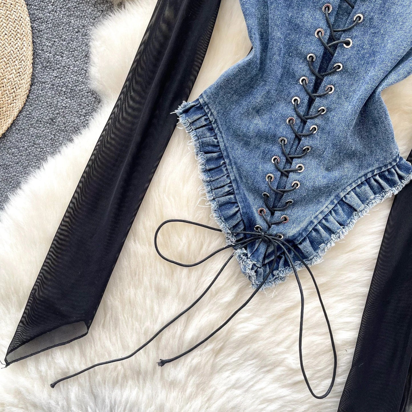 American Retro Patchwork Sexy Blouse 2024 Women Squre Neck Long Sleeves Sheer Top Streetwear Ins Lace Up Denim Shirt