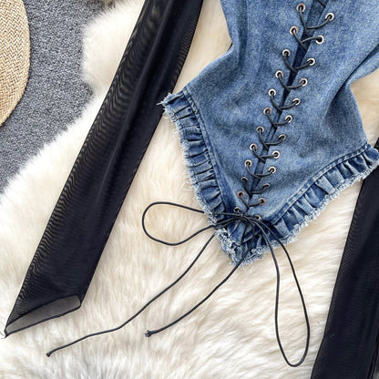 American Retro Patchwork Sexy Blouse 2024 Women Squre Neck Long Sleeves Sheer Top Streetwear Ins Lace Up Denim Shirt