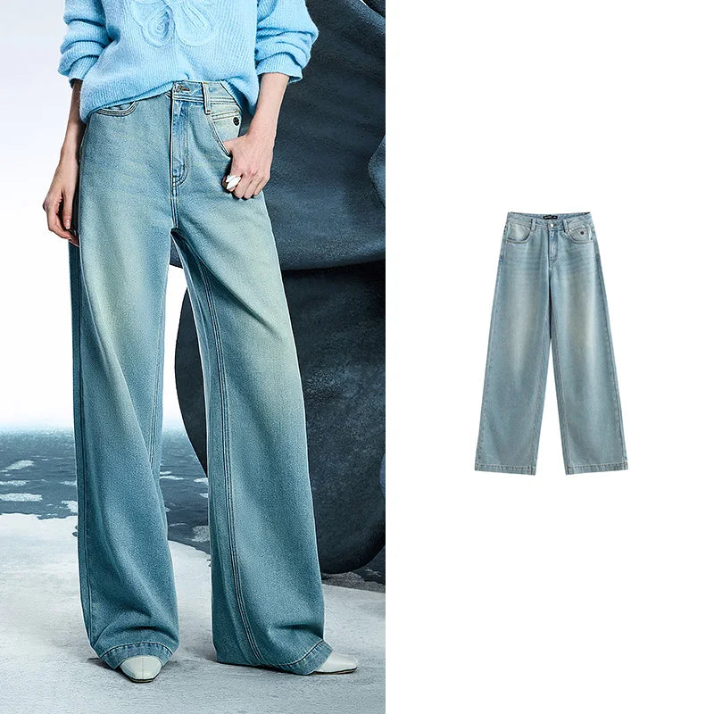 Women Denim Jeans 2025 Spring New Acetate Wide Leg Mid Low Waist Slim Fit Straight Wide Leg Pants
