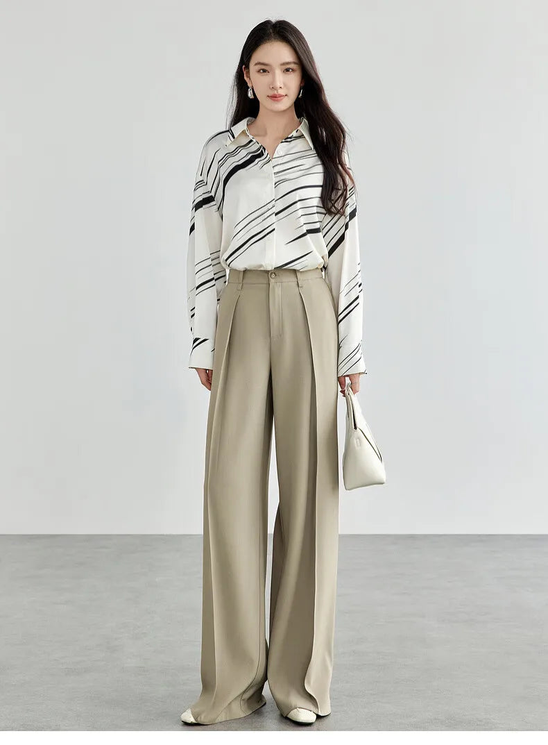 Women's Tailored Trousers Formal Solid High-waist Folds Twill Workwear Pockets Full-length Pants 2026 Spring 151K57704