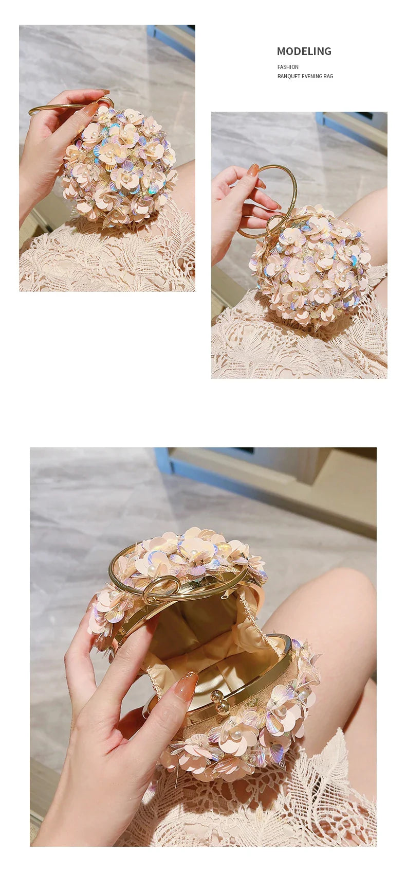 Mini Sequin Flower Evening Bag, Elegant Dinner Clutch Purse, Formal Round Banquet Handbag For Wedding Party Prom