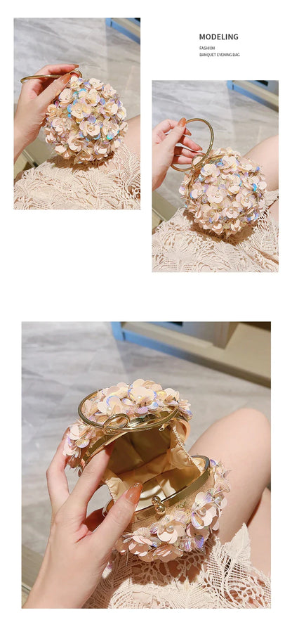 Mini Sequin Flower Evening Bag, Elegant Dinner Clutch Purse, Formal Round Banquet Handbag For Wedding Party Prom