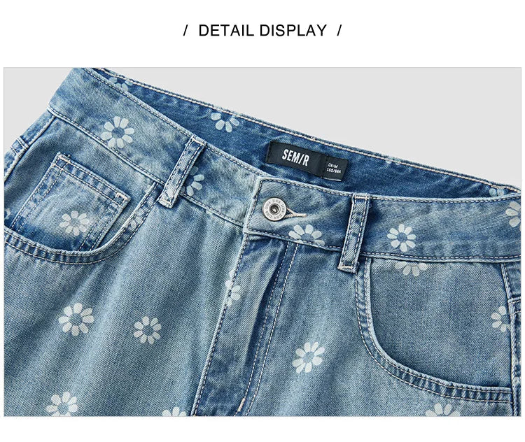 All Over Print Denim Pants Women Sweet Niche 2025 Summer New Cotton Wide Leg Trousers