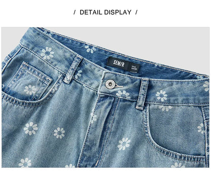 All Over Print Denim Pants Women Sweet Niche 2025 Summer New Cotton Wide Leg Trousers