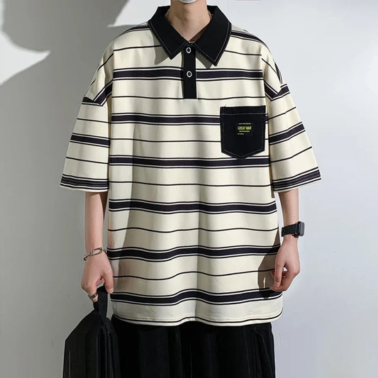 2024 New Summer Men POLO Shirt Trend Loose Clothing Students Short-sleeved T Shirt Tops Round Neck Five-quarter Sleeve Harajuku
