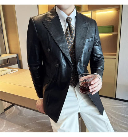 High Quality Square Grid Double Breasted Leather Jacket Fashion Business Slim Fit Casual Men Suit Blazer Tuxedos Men Clothing