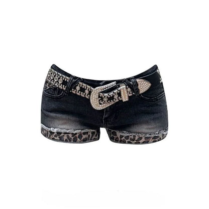 Women Emo Y2K Korean Streetwear Leopard Print Denim Mini Acubi Shorts Button Sexy Low Rise Short Trousers 2000s Alt Clothes