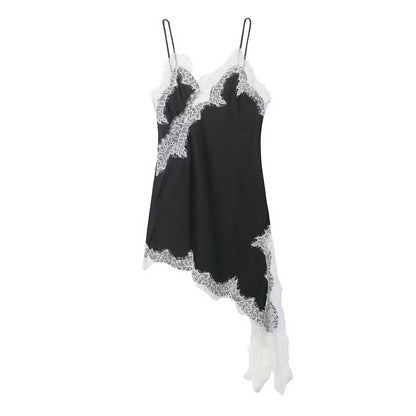 Satin Sexy Lace Spliced Short Sling Dress Women Sleeveless Backless Asymmetric Sexy Party Dresses 2026 Summer Lady Dress ﻿