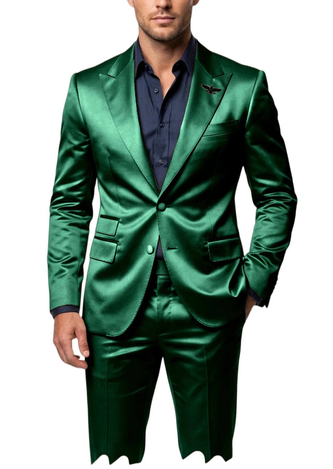 Men's Satin 2-Piece Suit Set Slim Fit Peak Lapel Tuxedo Blazer With Straight Leg Pants For Wedding Party Formal Wear