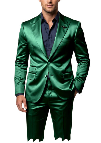 Men's Satin 2-Piece Suit Set Slim Fit Peak Lapel Tuxedo Blazer With Straight Leg Pants For Wedding Party Formal Wear