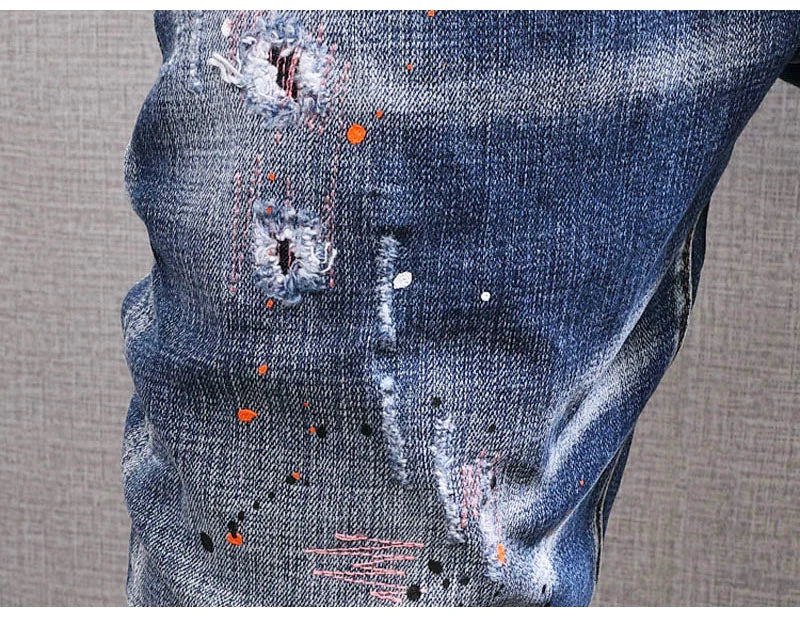 Fashion Streetwear Men Jeans Retro Black Blue Elastic Slim Fit Ripped Jeans Men Spliced Designer Embroidery Hip Hop Denim Pants