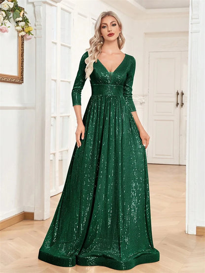 Luxury V Neck Long Sleeves Blue Sequins Formal Evening Dress Women 2025 Wedding Party Prom Maxi Cocktail Dress Gowns