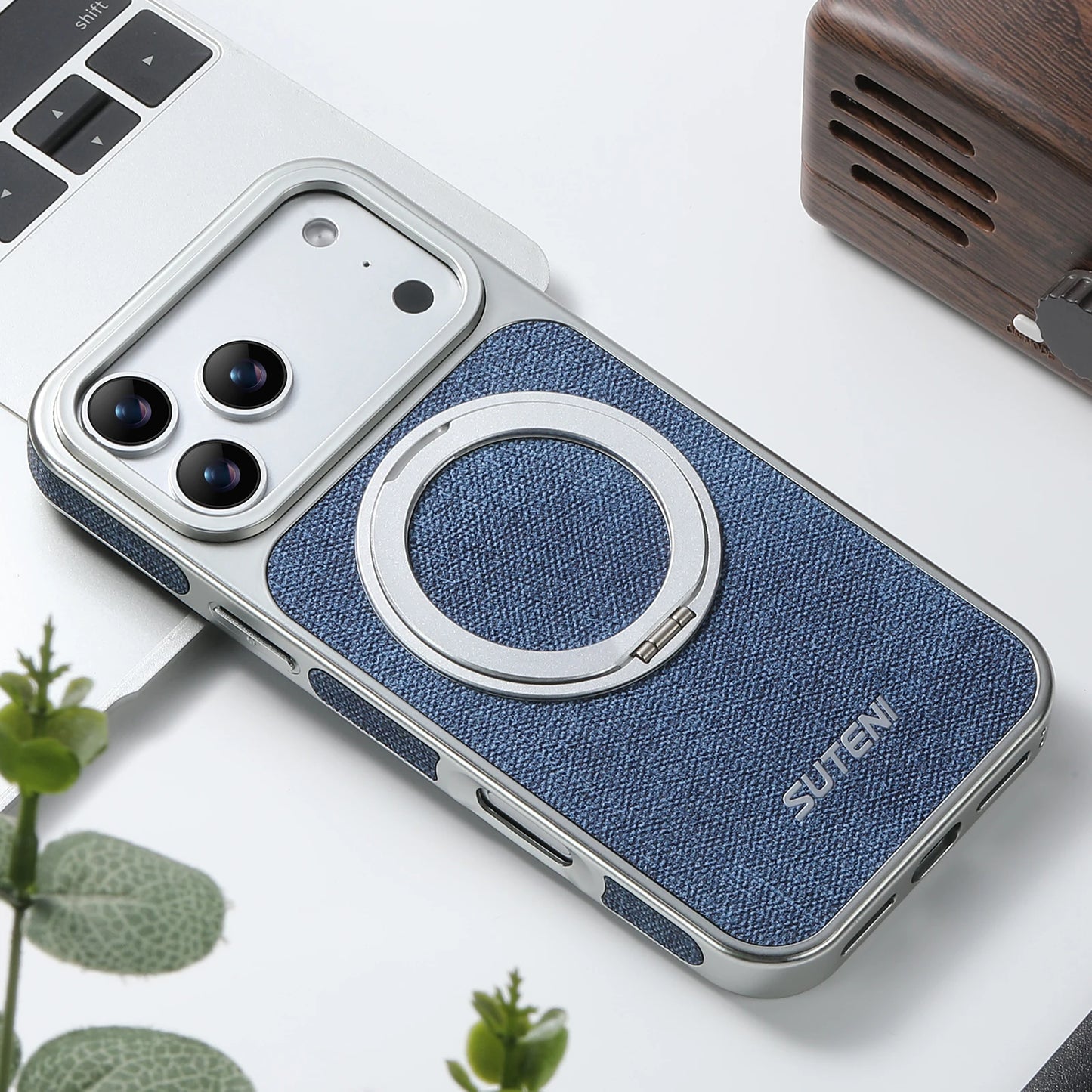 Faux Leather Magnet Wireless Charging Phone Case 360° Rotating Stand Ring Buckle Frosted Feel For iPhone 17 Pro Max 16 15