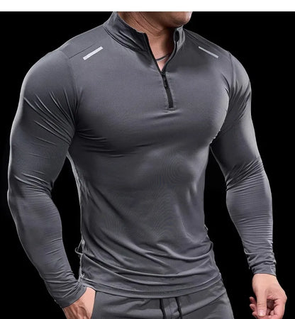 Men Long Sleeve Stand Collar Zipper T-shirt Gym Running Training Fitness Bodybuilding Sport Top Quality Elastic Tight Tops Tees