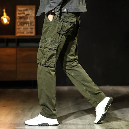 Casual Pants Men Straight Leg Cotton Cargo Trouser Male Multi Pocket Work Fishing Wear Military Style Summer Spring Khaki Black