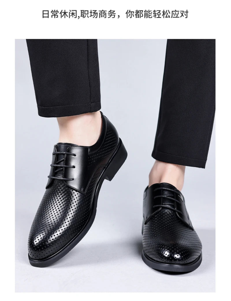 Mens Black Genuine Leather Perforated Metal Decor Lace Up Formal Business Office Breathable Summer Shoes Hollow Stylish Simple