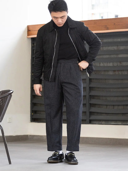 Dark Gray Cashmere Fabric Asymmetric Parisian Button Loose Straight-Leg Casual Pants Men's Trousers Retro Style Versatile