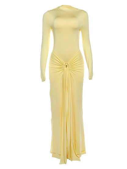 Ruched Elegant Maxi Dress Women Daily Casual Fashion Skinny Full Sleeve Solid Gown Midnight Prom Party Long Bodycon