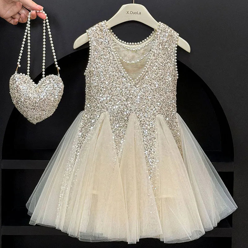 Mesh Sequins Summer Dress Children Clothes Girls Gauze Skirt For Party Evening Birthday Prom Performance Graduation Ceremony