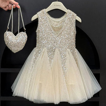 Mesh Sequins Summer Dress Children Clothes Girls Gauze Skirt For Party Evening Birthday Prom Performance Graduation Ceremony