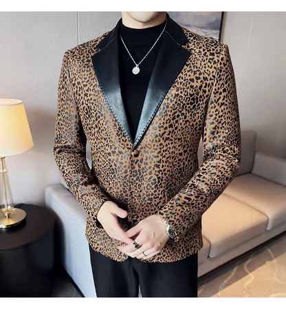 Splicing Leather Neck Casual Suit Jacket Fashion Leopard Men's Business Slim Fit Social Formal Blazers Wedding Groom Tuxedos