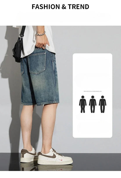 Summer Vintage Denim Shorts Men's Fashion Straight Casual Loose Streetwear Bermuda Jeans Male Short Pants Streetwear