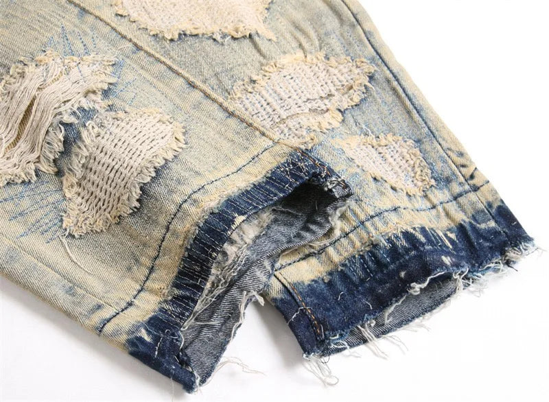 Summer Worn and Scratched Jeans Men's Small Feet Perforated Pockets Ragged Edges Long Pants Slim Fit Printing High Street Tide 2