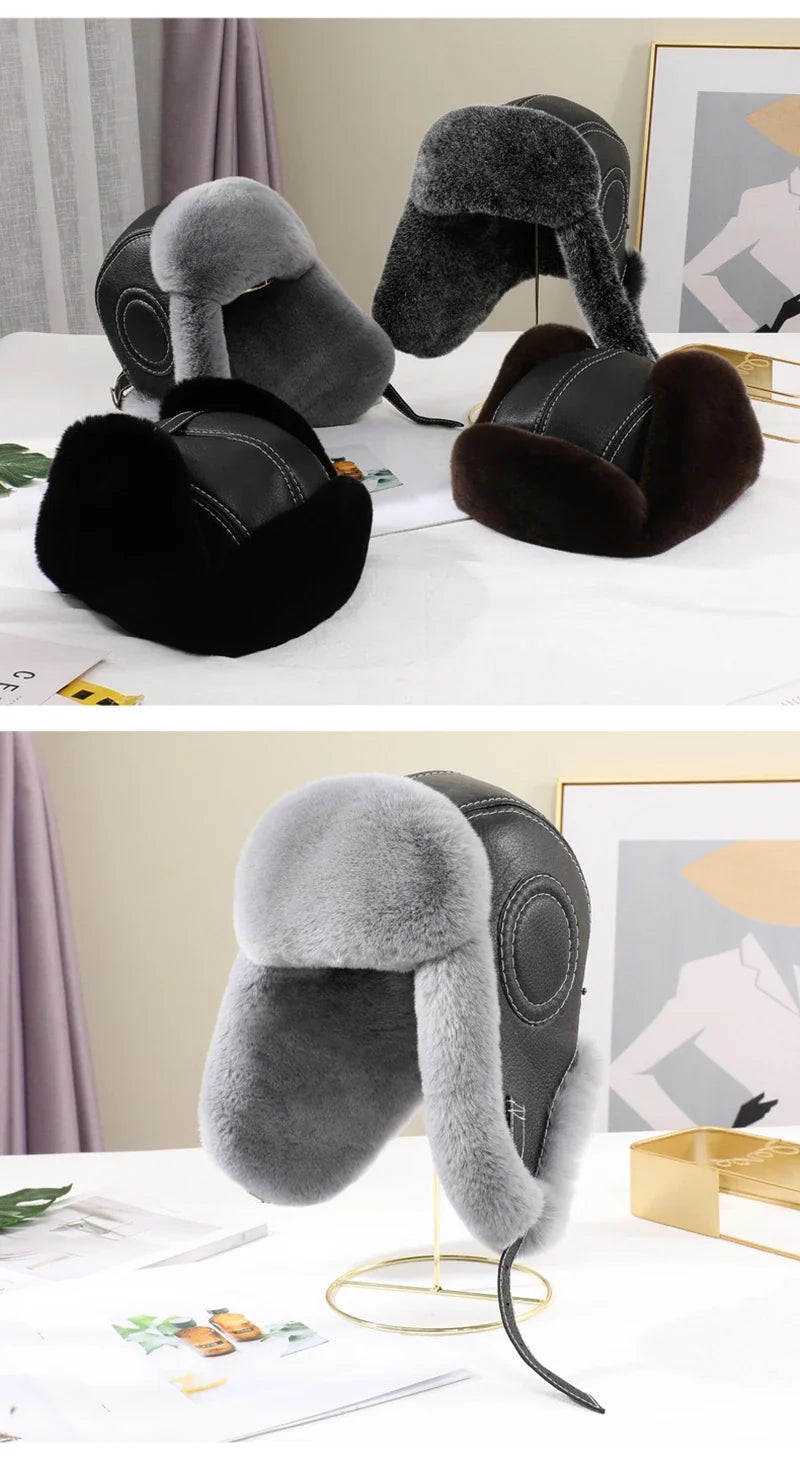 2026  Winter Men's 100% Real Rex Rabbit Fur Bomber Hat Ushanka Cap Trapper Russian Man Ski Hats Caps Real Sheepskin Leather