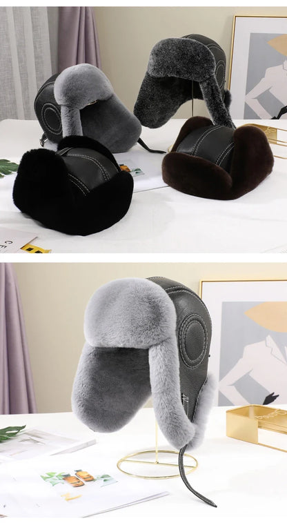2026  Winter Men's 100% Real Rex Rabbit Fur Bomber Hat Ushanka Cap Trapper Russian Man Ski Hats Caps Real Sheepskin Leather