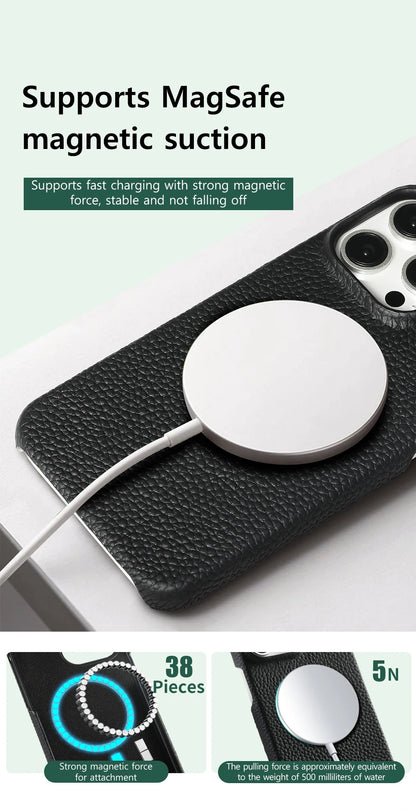 Natural Cowhide Leather for Magsafe Case for iPhone 16 15 Pro Max Promax 15Pro 16Pro Luxury Magnetic Phone Back Cover