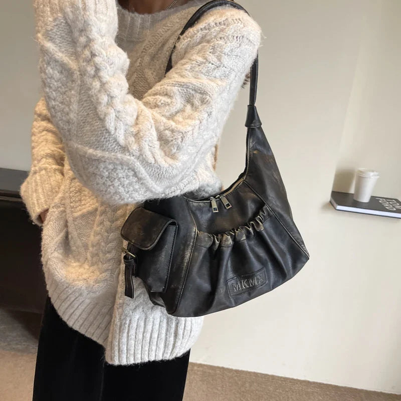 Retro Leather Shoulder Bags for Women 2025 Spring Vintage Underarm Bag Handbags and Purses Latest Fashion Hand Bag