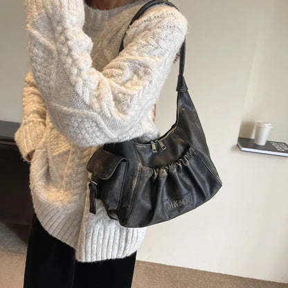 Retro Leather Shoulder Bags for Women 2025 Spring Vintage Underarm Bag Handbags and Purses Latest Fashion Hand Bag