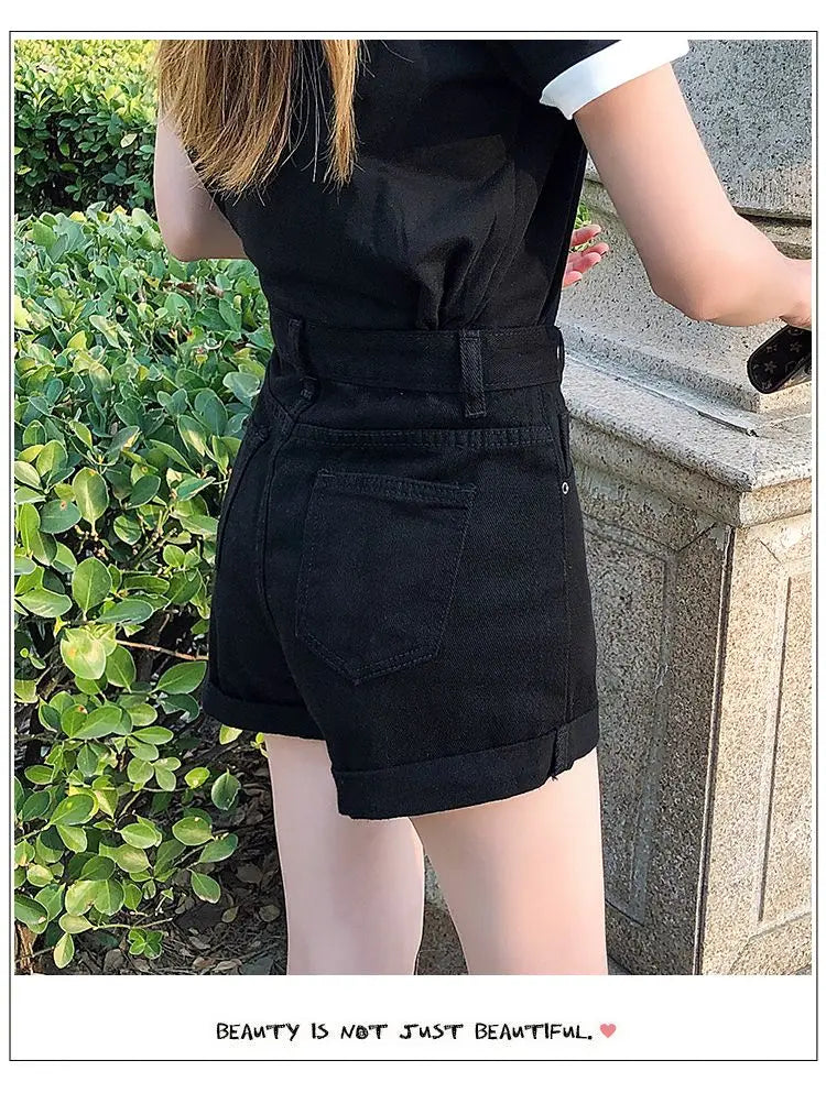 High-Waist Cuffed Denim Shorts Women Summer Korean Style Student Loose Slimming Outerwear A-Line Wide Leg Hot Pants Y2K Shorts