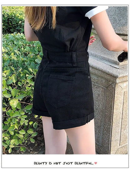 High-Waist Cuffed Denim Shorts Women Summer Korean Style Student Loose Slimming Outerwear A-Line Wide Leg Hot Pants Y2K Shorts