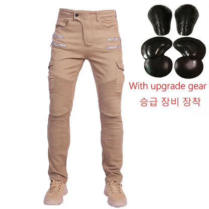 Double zipper Decoration Metal Style Motorcycle Leisure Motorcycle Men's Outdoor Riding Jeans Slim Pants With Protect Gears