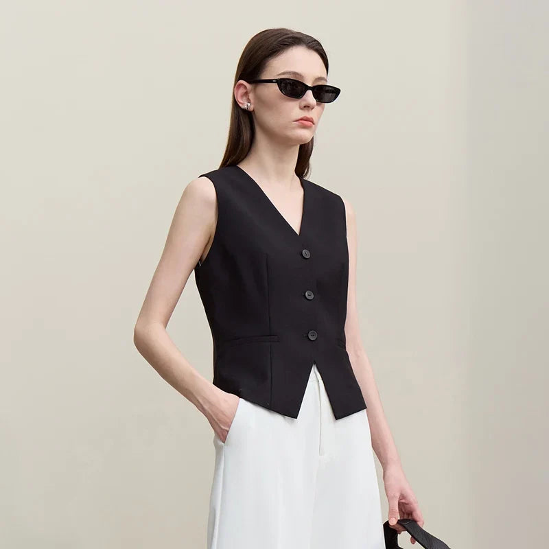Women's Vests 2026 Autumn New Versatile V-neck Tailored Waist Vest Women's Single Breasted Short Sleeveless Top 12641036