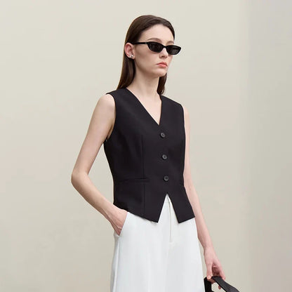 Women's Vests 2026 Autumn New Versatile V-neck Tailored Waist Vest Women's Single Breasted Short Sleeveless Top 12641036