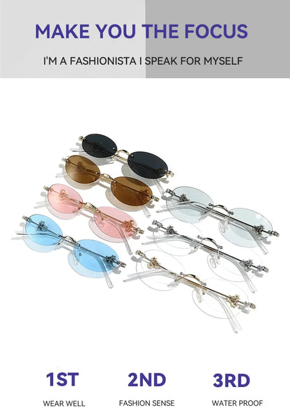 Women's Fashion Glasses Exquisite Diamond Decoration Sunglasses Oval Shaped Frame Cut Edge Frameless Small Outdoor Sun Glasses