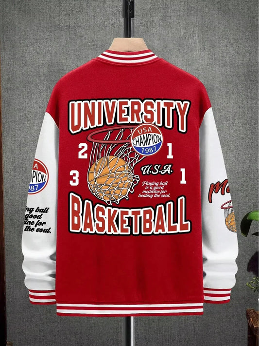 Summer Manfinity EMRG Oversized Men's Drop Shoulder Varsity Jacket with Letter Graphic Striped Trim and Colorblock Design