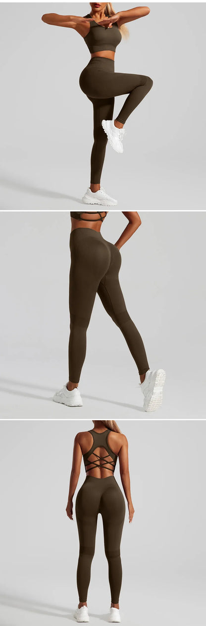 Seamless Yoga Set Two Piece Set Womens Outifits Workout Gym Set Fitness Clothing Tracksuit Backless Crop Top Leggings Sport Suit