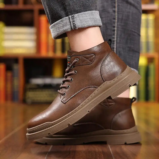Casual Formal Footwear Brand Men's Leather Shoes New in Winter Men Boots Warm Plush Lace-up Ankle Boots Comfy Office Work Shoes