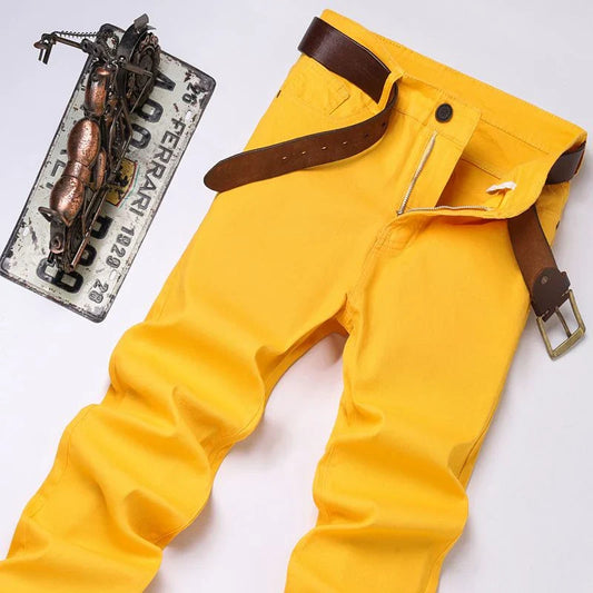 New High Quality Men's Trend Yellow Red White Jeans 2024 Spring Autumn Male High Waist Casual Pants Classic Brand Denim Trousers