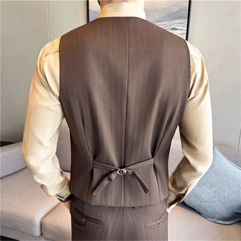 ( Vest+Pants) Autumn Winter Thicken Wool Striped Suit Vest 2 pieces Men Fashion Slim Fit Business Casual Wedding Dress Vest Sets