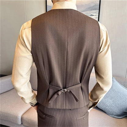 ( Vest+Pants) Autumn Winter Thicken Wool Striped Suit Vest 2 pieces Men Fashion Slim Fit Business Casual Wedding Dress Vest Sets
