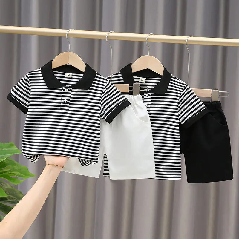 New Baby Boys Girls Summer Outwear Cotton Strips Sports Suit Infant T Shirt Shorts Children Clothing Tracksuits Sets Outwear