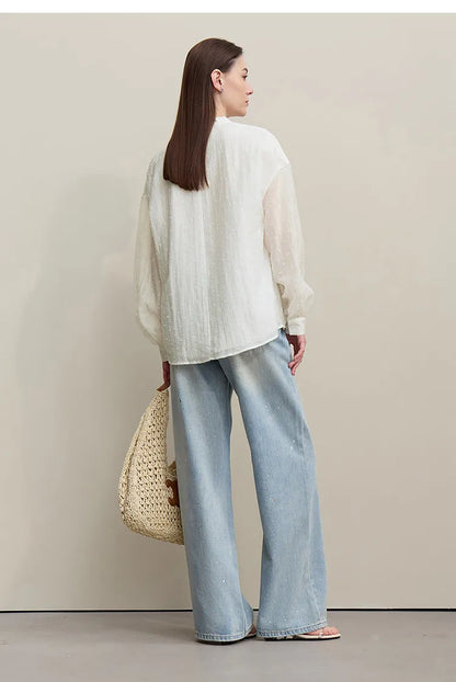 Women's Shirt 2026 Autumn New Polka Dot Chiffon Shirt Multi-Way Ribbon Women's Oversized Drop Shoulder Casual Tops 12641098