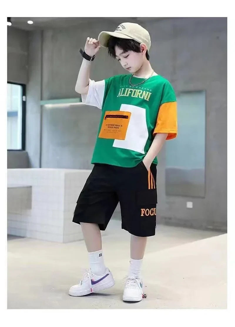 Summer Boys Clothes Sets Teenager Casual Outfits Kids Print T-shirt +Shorts 2Pcs Children Short Sleeve Tracksuit Suits 5-12 Year